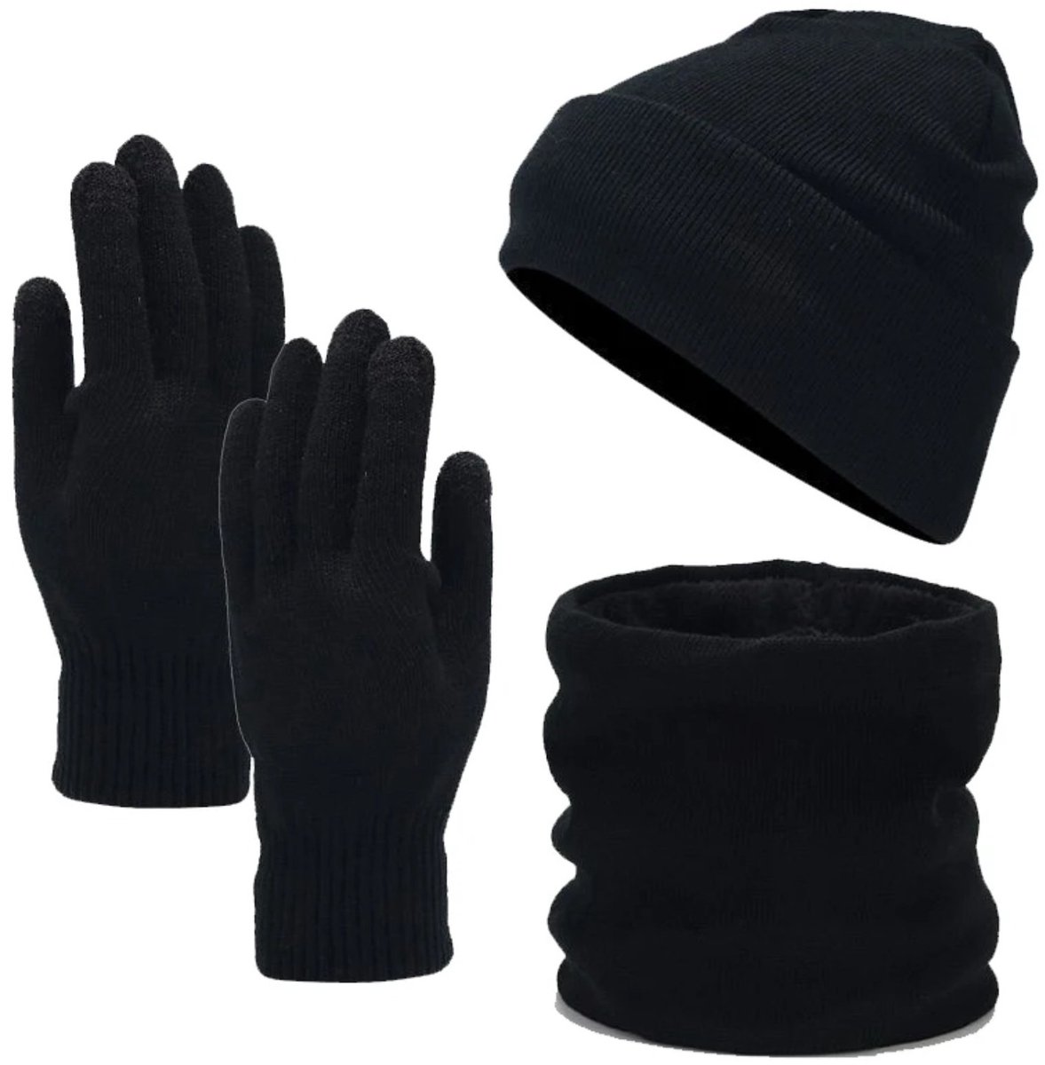 Drie-delige Set Van Dikke Fleece, Bestand Tegen Kou | Dikke Muts + Nekwarmer + Touchscreenhandschoenen, Puur Zwart Veelzijdig, Universeel, Warmte Voor Herfst En Winter Drie-delige Set in Één Maat