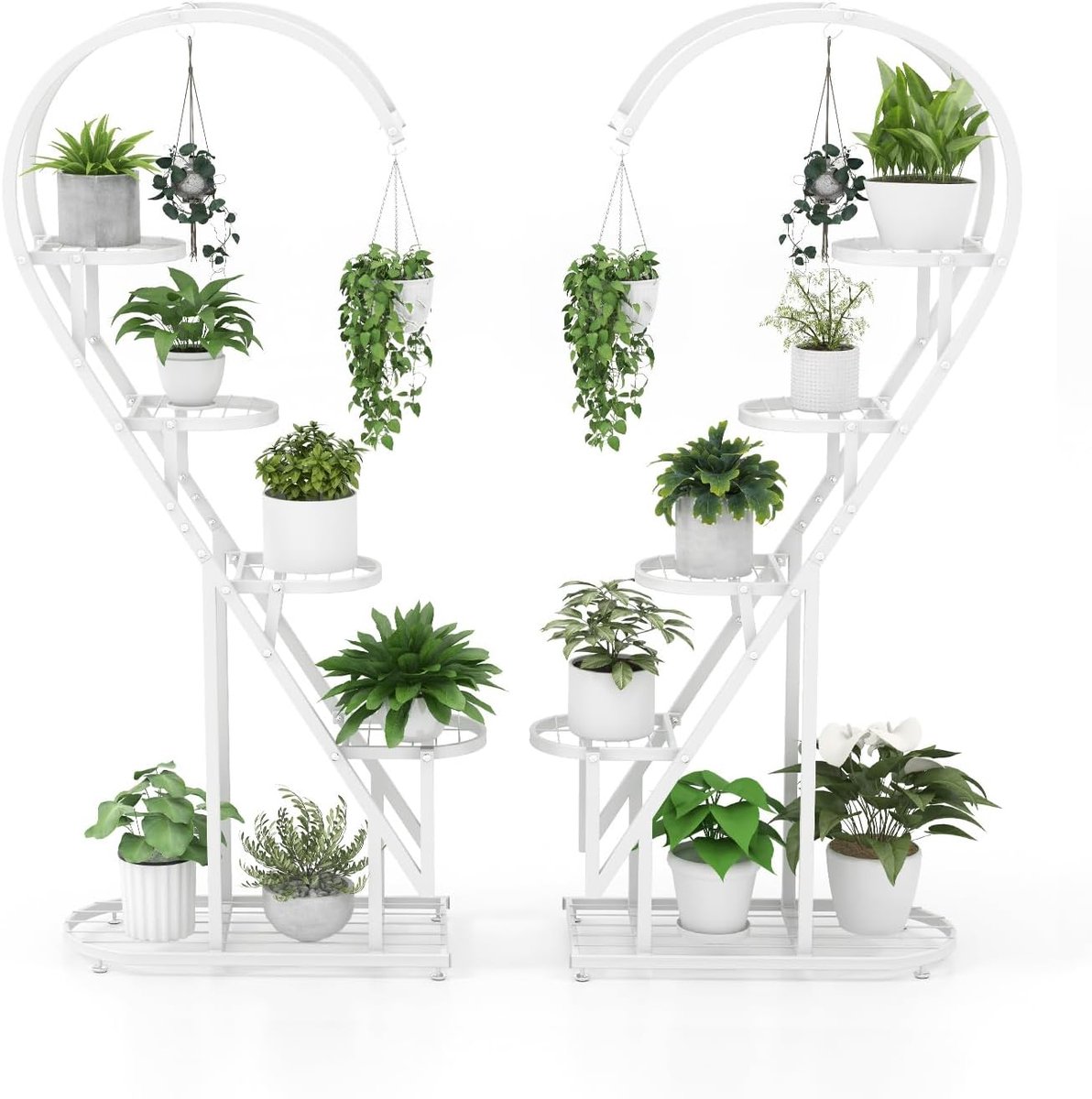KOMFOTTEU 5-traps metalen plantenstandaard in hartvorm, plantenrek met 4 ophanghaken, lamellenplanken, omvormbare bloemenstandaard, ladderplantenrek voor woonkamer, balkon (wit)