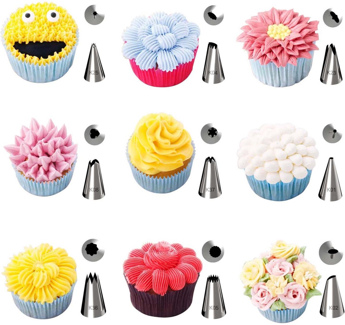 Gigicial Spuitmondjesset - 304 roestvrij staal, vaatwasmachinebestendig - 42-delige set - Geschikt voor het decoreren van taarten en cupcakes