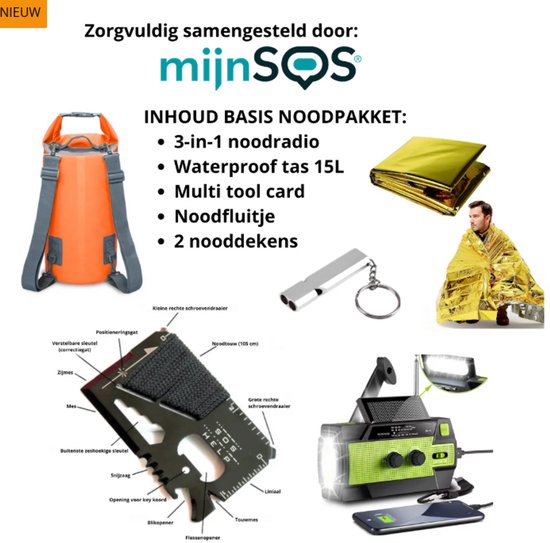 Inhoud basis noodpakket: oranje waterdichte tas, noodradio, foliedekens, multitool en fluitje.