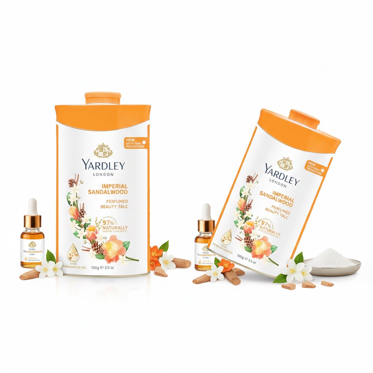 Yardley London Imperial Sandalwood Geparfumeerde Body Talc - Met Pure Sandelhoutolie - 97% Natuurlijk Afgeleid - Luxe Lichaamspoeder voor een Zachte Huid Fragrant Beauty Talc - Luxe Geparfumeerd Lichaamspoeder met Sandelhoutolie Met Kajal Sticker