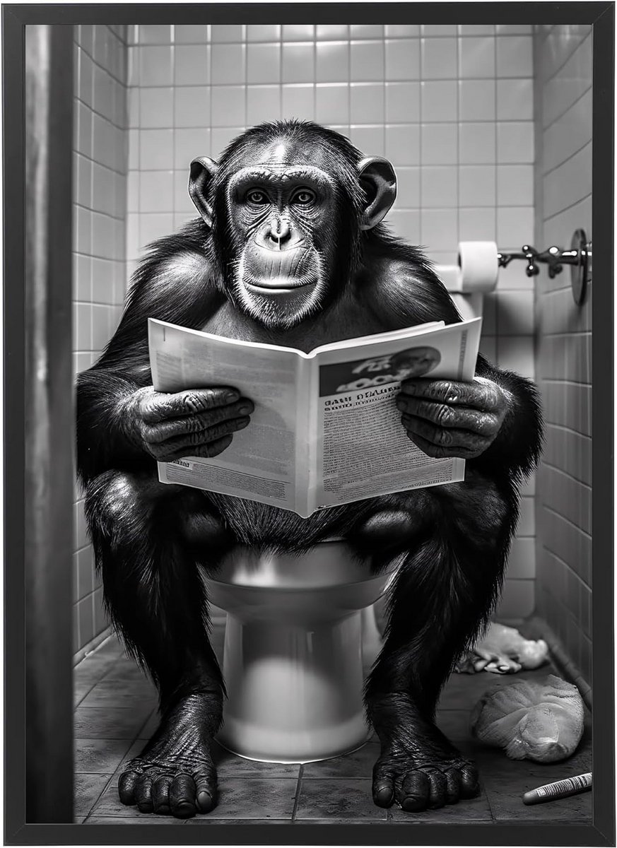 Grappige Aap op WC Poster voor Toilet of Badkamer - Wanddecoratie 50x70cm met Lijst