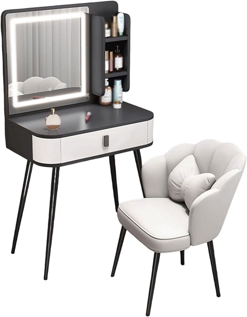 Make-uptafel met LED-verlichte grote vierkante spiegel 80 x 40 x 132,5 cm – Luxe houten kaptafel met lade, gewatteerde kruk en opbergplanken – Eigentijds design voor slaapkamer, meisjes en vrouwen – Pauwhome