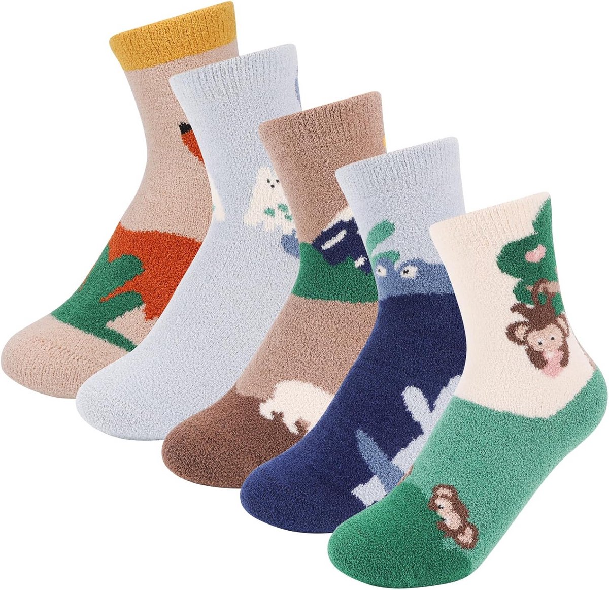 5 Paar Warme Coral Fleece Babysokken met Dierenprint voor Peuters en Kinderen