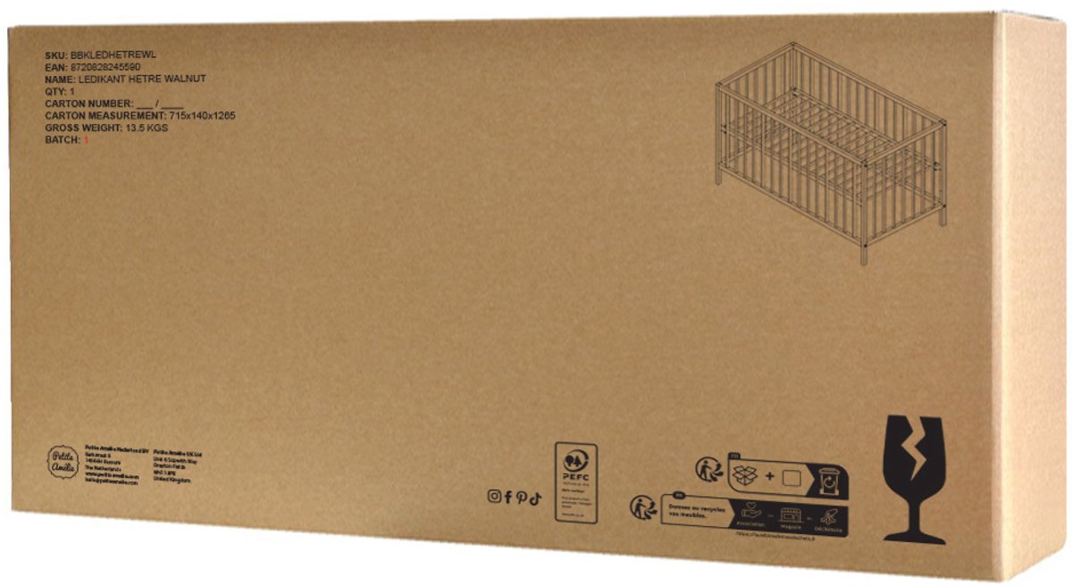 Petite Amélie ® Ledikant - 60 x 120 cm - Lattenbodem instelbaar in 3 hoogtes - Geschikt tot ongeveer 2 jaar - Stevig Bed dankzij Massief Hout & Sterk Plaatmateriaal - Walnoot – foto 4