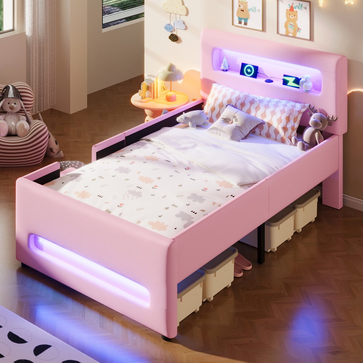 REDOM Bedframe 90x200 cm van PU en MDF – Met LED-hoofdbord (app), USB en opberglade – Roze