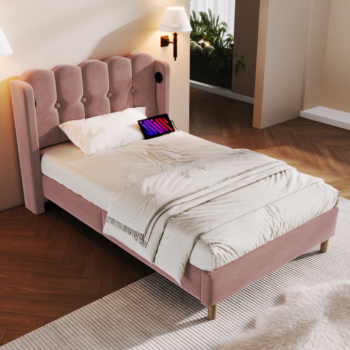 REDOM Bedframe 90x200 cm van fluweel – Met paneel-hoofdbord, USB/Type-C en lattenbodem – Roze Roos