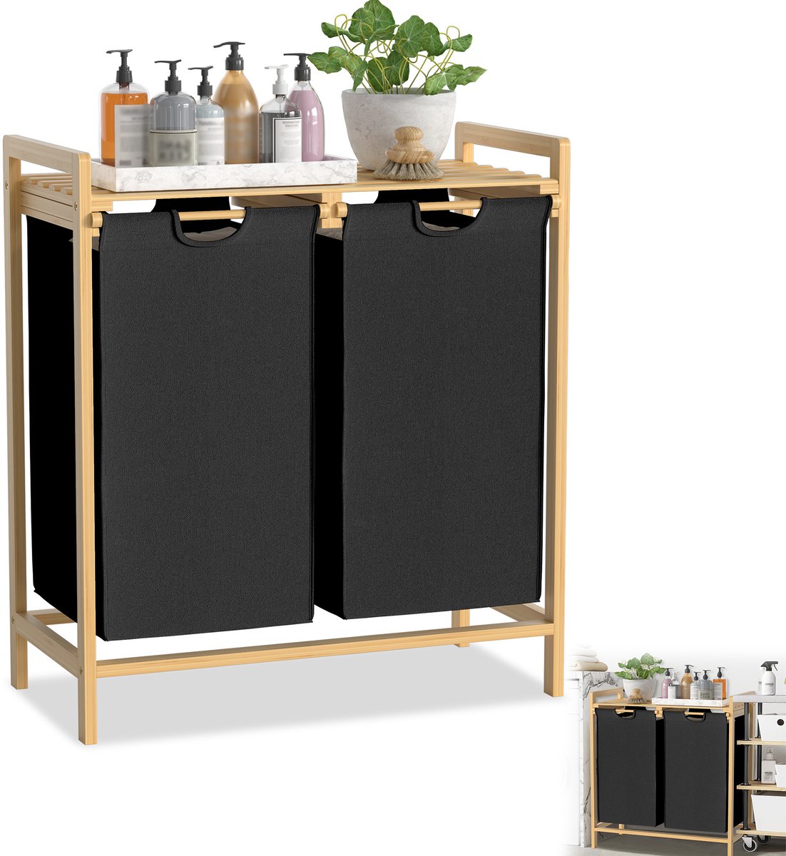 Froadp Wasmand bamboe frame 2 vakken 36 l 73 x 64 x 33,5 cm Wasmand met opbergvak Waszak Wasbox van Oxford-stof Wasbak houten waszakken voor wasruimte slaapkamer - zwart