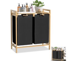 Froadp Wasmand bamboe frame 2 vakken 36 l 73 x 64 x 33,5 cm Wasmand met opbergvak Waszak Wasbox van Oxford-stof Wasbak houten waszakken voor wasruimte slaapkamer - zwart
