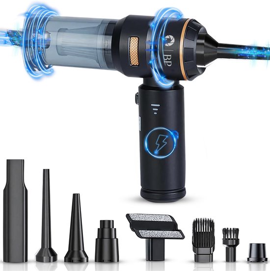 Zwarte BP luchtduster met opzetstukken. Stof wordt naar binnen gezogen door blauwe spiralen.