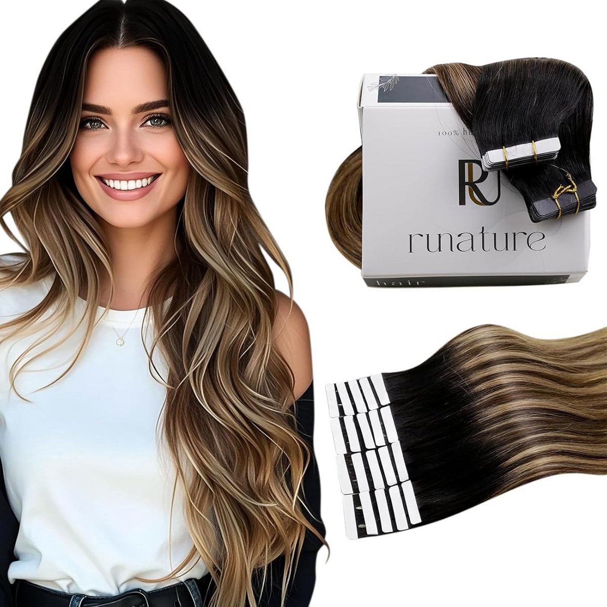 Echte Menselijke Tape Haarverlenging Balayage Zwart 35 cm