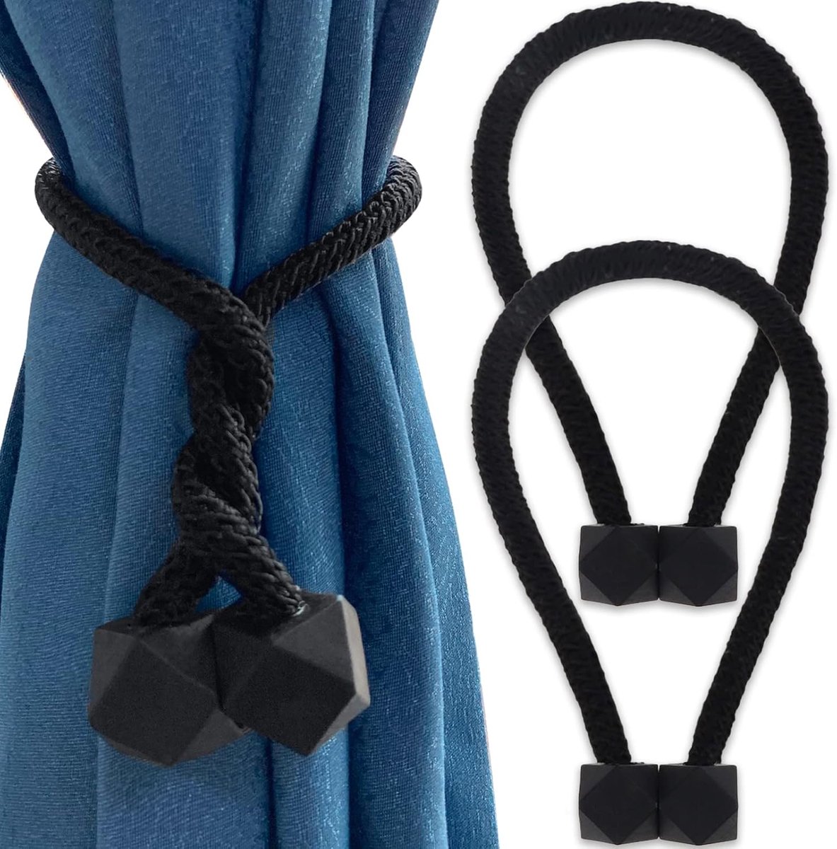 Famanu – 2-delig Pakket Magnetische Zwarte Gordijn Tiebacks Gordijnbanden Raam Gordijnen Holdbacks Draaiende Touw Modern Stijl Decoratieve Accessoires Voor Thuis - Slaapkamer - Eetkamer