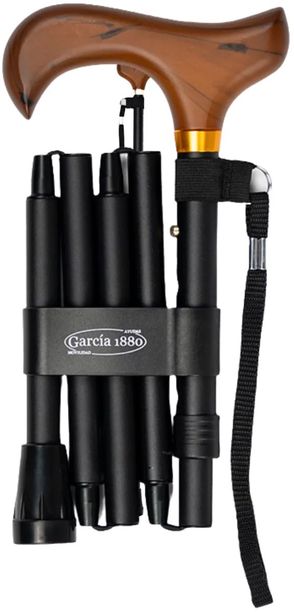Garcia 1880 Opvouwbare wandelstok - Incl. polsbandje en opbergtas - Zwart - Verstelbaar van 84 tot 92 cm - Aluminium - Derby handvat - Wandelstok vrouwen en mannen - Met wandelstok clip