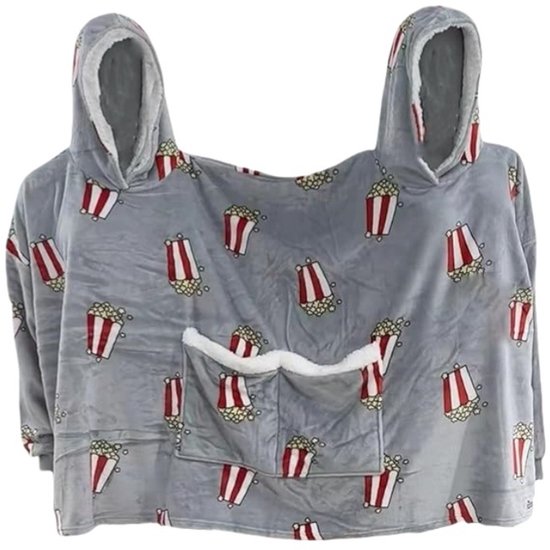 Grijze hoodie voor twee personen met popcornprint, capuchon en grote voorzak.