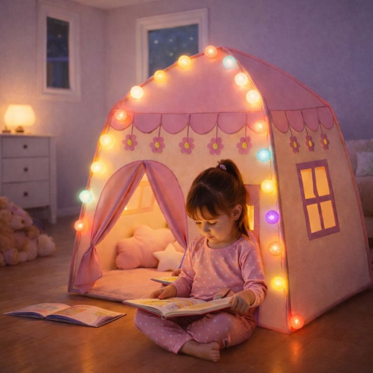 Goodz4All Roze Speeltent Kindertent Speelhuisje Tent met Verlichting Ledlampjes — afbeelding 2