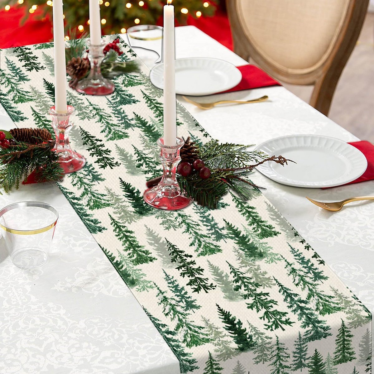 Feestelijke Kerst Tafelloper Groen met Bomen 30x180 cm