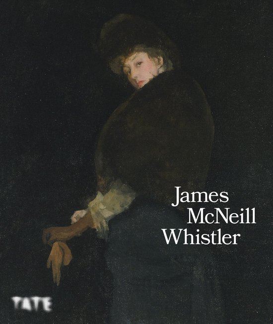 Schilderij van een vrouw met hoed en sjaal, met de tekst 'James McNeill Whistler'.