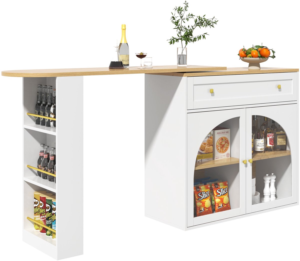 Merax Uitschuifbare Bartafel met Opbergruimte - 360° Draaibare Keukenbar en Keukeneiland - Hoge Tafel met Lade - Zijrek 3 Niveaus - Veiligheidsglas Deuren - Wit - 138-204x39x104 cm