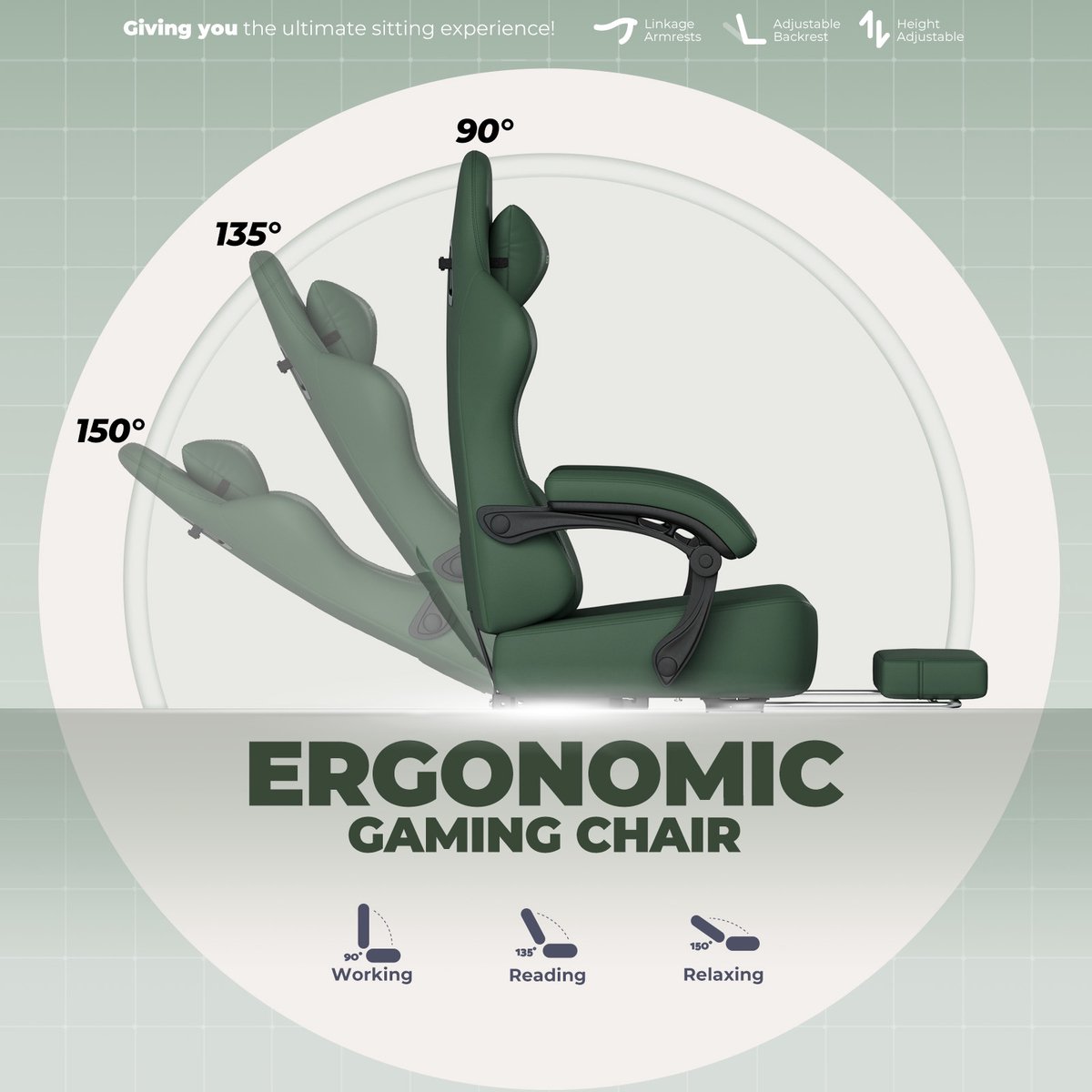 GTPLAYER Gamingstoel met 160° Verstelbare Rug - Groen - afbeelding 2