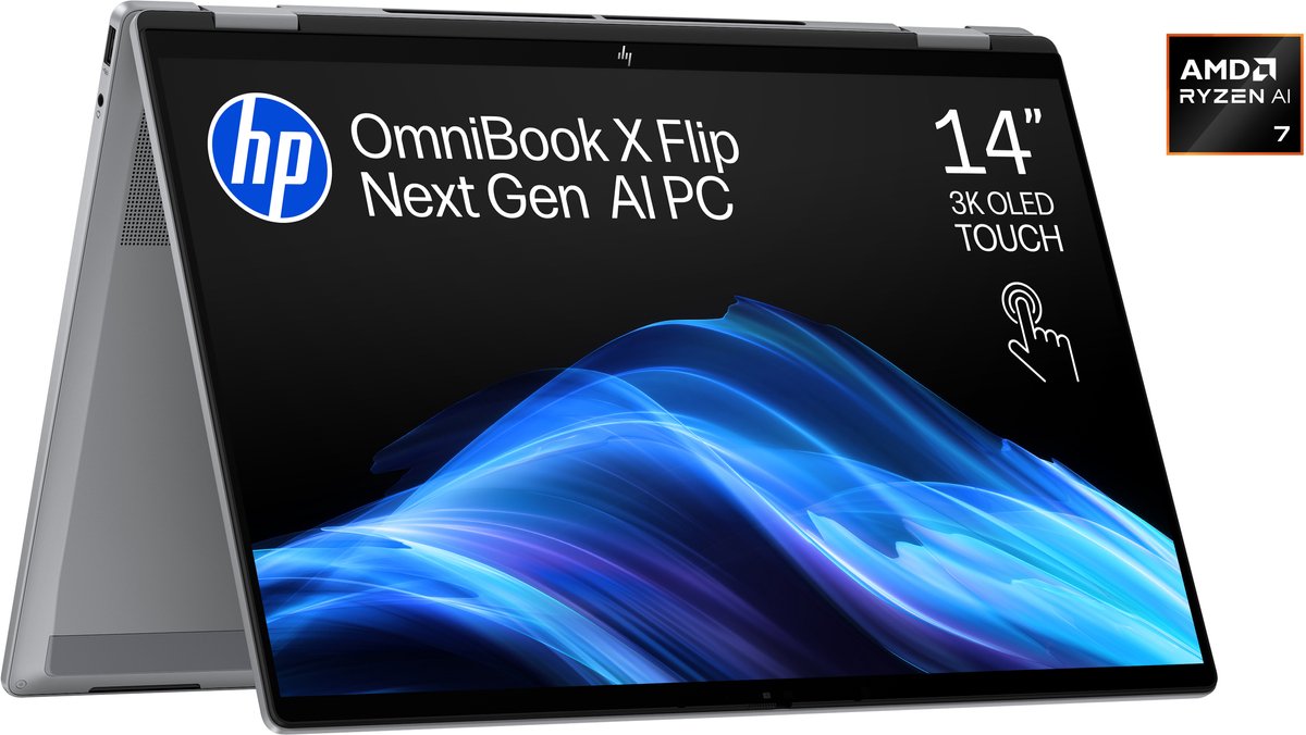 HP OmniBook X Flip NGAI 14-fk0772nd - 2-in-1 Copilot+ Laptop - 14 inch - OLED - 1.39 KG - Ryzen AI 7 - 32 GB RAM - 1000 GB - Windows 11 Home — afbeelding 1