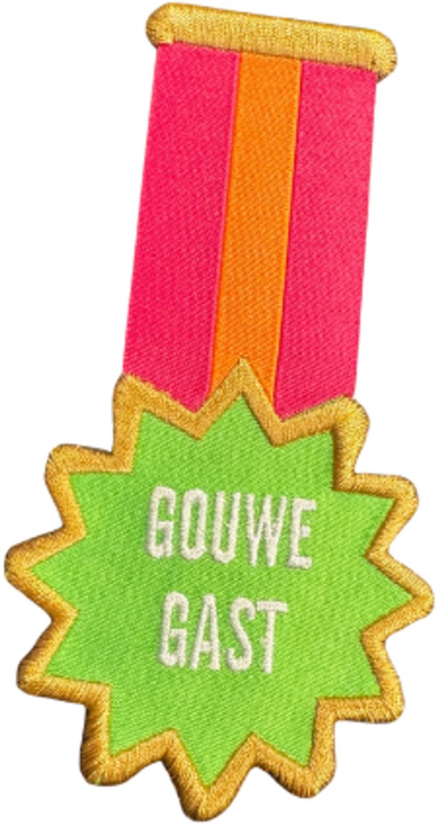 Strijkembleem Gouwe ouwe roze/oranje 9x4 cm - Feestjecreatief