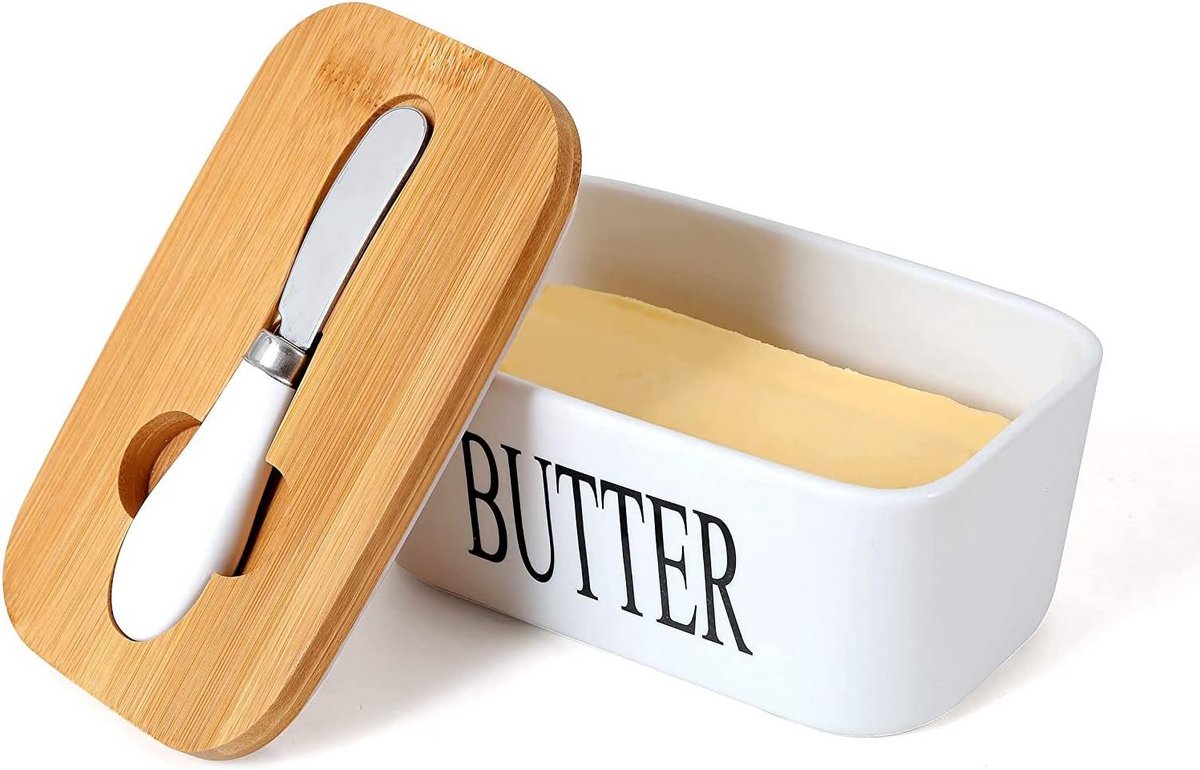 Emaille botervloot met houten deksel voor 250g boter
