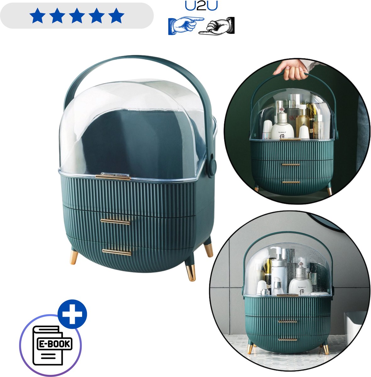 Cosmetica organizer met transparante klep en 2 lades groen – make-up opbergsysteem 37x25x18,5 cm, stofvrij cosmetica opbergen voor badkamer kaptafel en slaapkamer Met Ebook