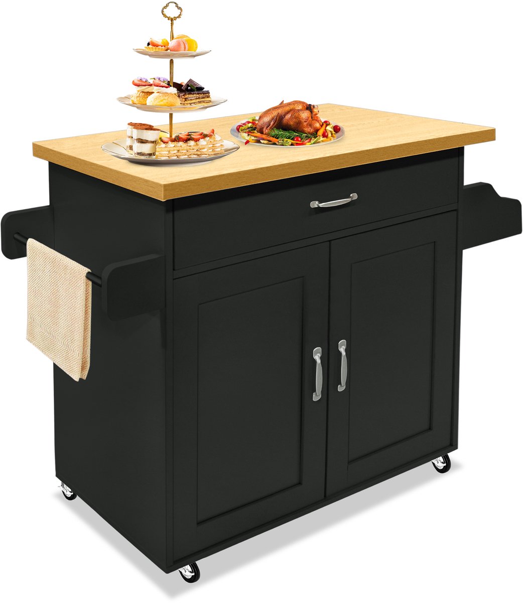 Aufun Keukenkast met werkblad, lade & kast, rolbare keukenwagen, dienwagen van hout, keukeneilandwagen, keukentrolley in landelijke stijl, voor keuken en restaurant, zwart, 115x36x90 cm
