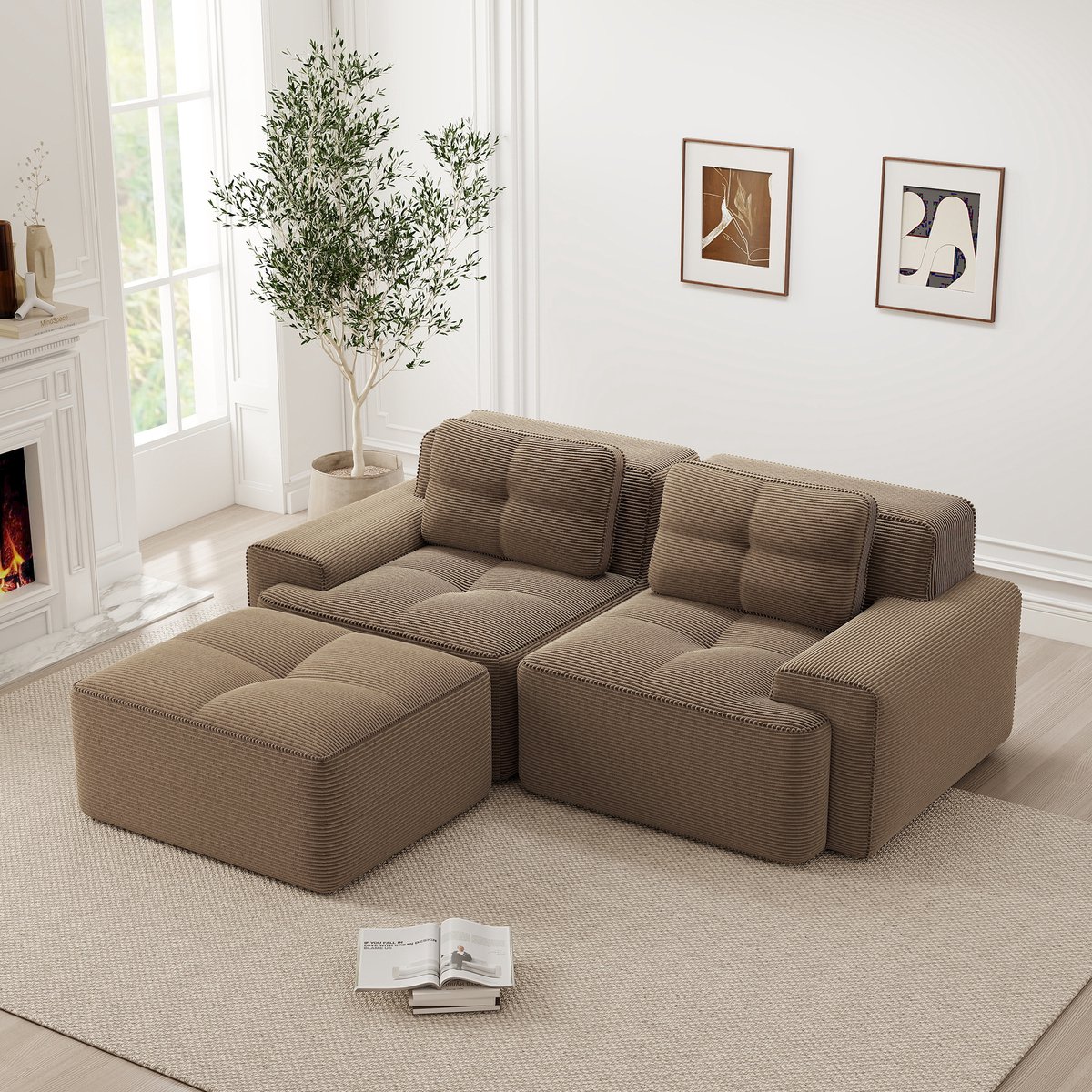 OKWISH Modulaire Hoekbank Met Ottoman - Diepe Zit Voor Lounge En Logeerkamer - Zacht Cordu