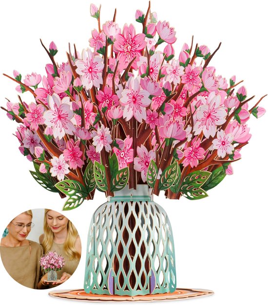 pop-up-kaarten - 3D Wenskaart - Pop-up Kaart Bloemenboeket - Kersenbloesem - Valentijnskaart - valentijn cadeau voor haar