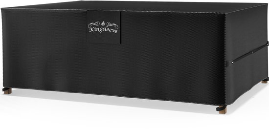 Zwarte Kingsleeve beschermhoes voor tuintafels met gestreepte textuur en witte stiksels.