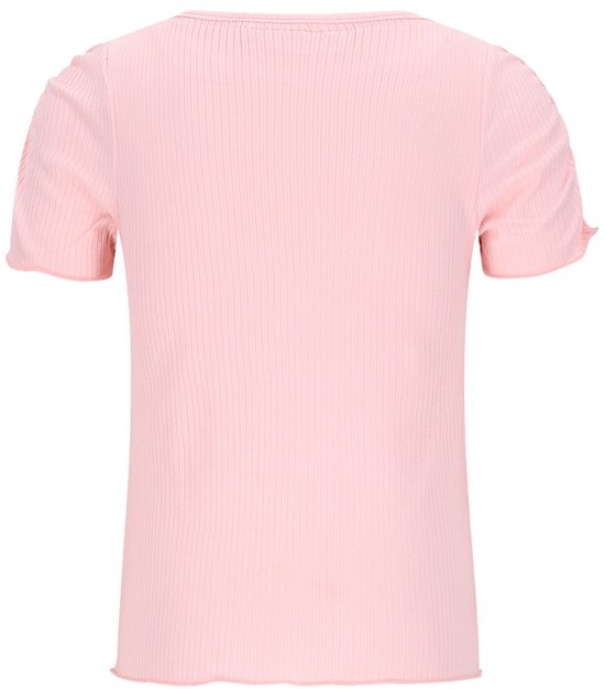 Achterkant lichtroze meisjes T-shirt met geribbelde stof en pofmouwen.