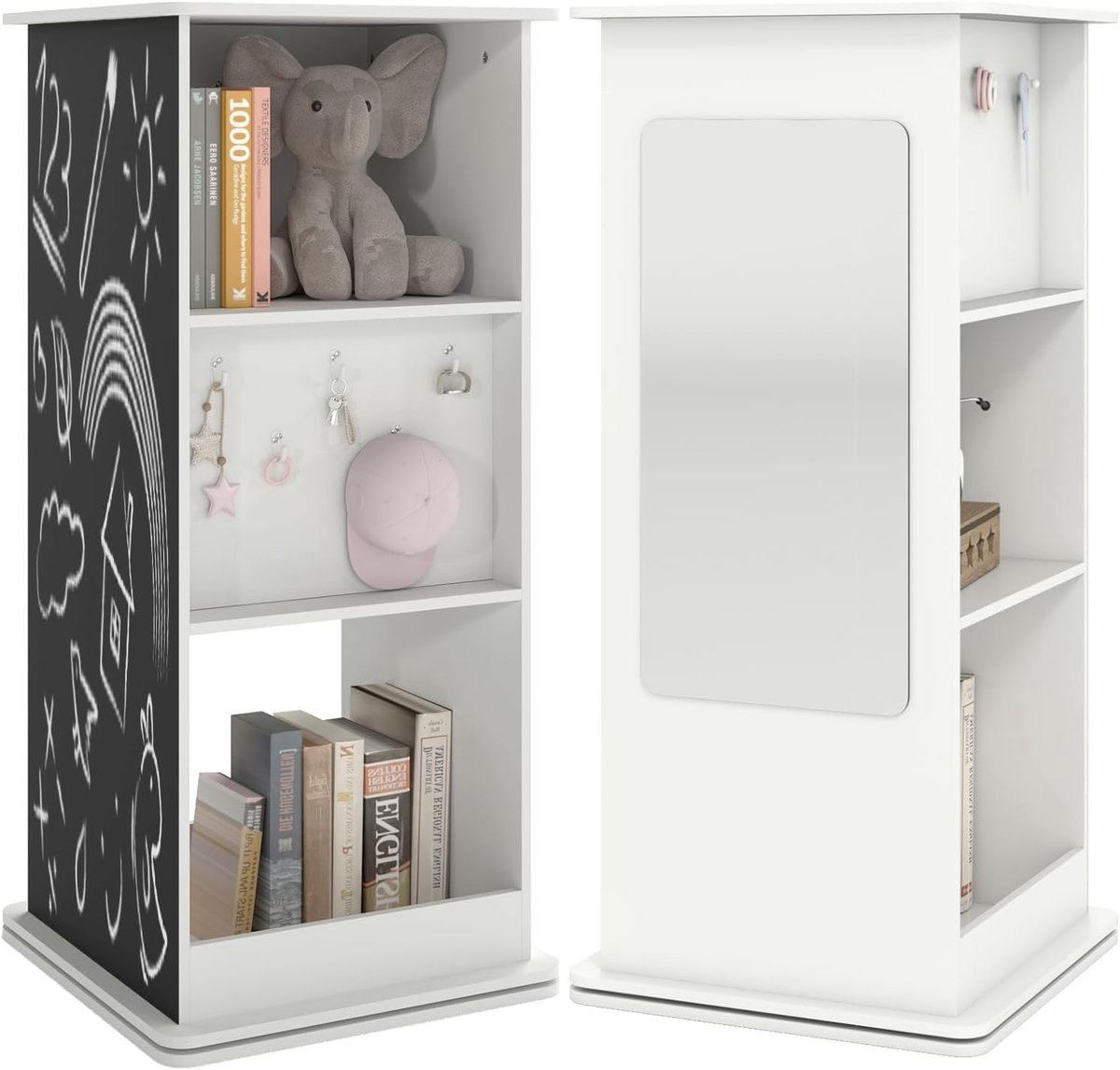 KOMFOTTEU Draaibare kinderboekenkast, 3 planken met 2 grote vakken, 8 haken, schoolbord en spiegel, opbergmeubel voor kinderen voor de woonkamer of slaapkamer, 47 x 47 x 104,5 cm
