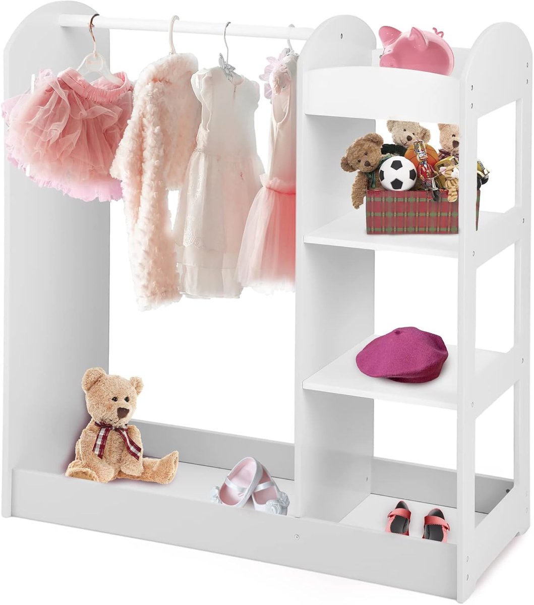 KOMFOTTEU Kindergarderobe met spiegel, kledingrek met 4 open planken en kledingstang, houten garderobe voor kinderkamer, slaapkamer, kleuterschool, 93,5 x 38 x 100 cm (wit)