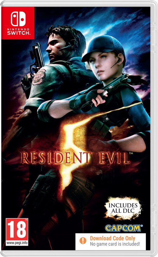 De hoes van de Nintendo Switch-versie van Resident Evil 5, met Chris Redfield en Jill Valentine die wapens vasthouden.