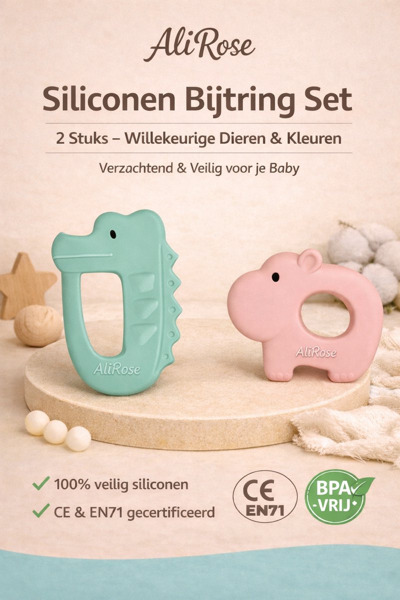 AliRose Siliconen Dieren Bijtring – 2 Stuks – BPA Vrij – Baby Bijtspeelgoed – CE & EN71