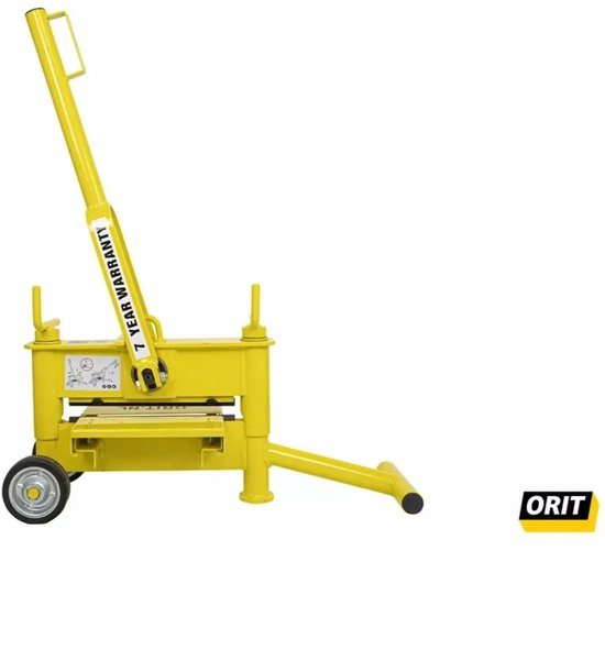 Gele klinkerknipper met een omhoog gekantelde handgreep, twee wielen en de tekst '7 YEAR WARRANTY'.
