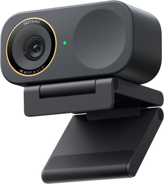 Webcam Insta360 avec objectif 4K AI f/1.9 1/1.3", anneau doré et voyant vert. Support inclinable. Noir.