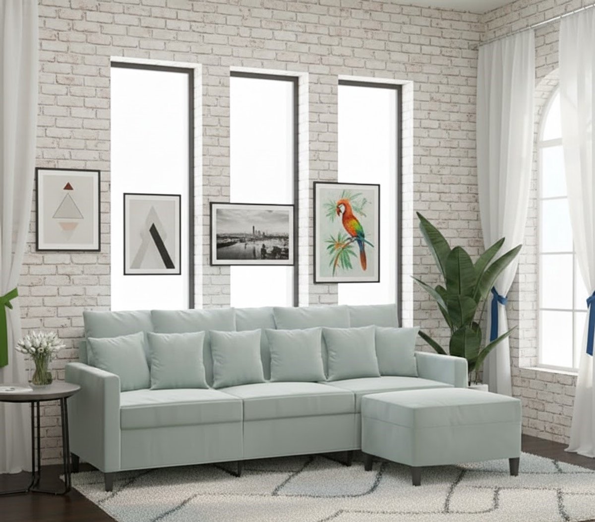 Luxe 3-Zits Loungebank met Voetenbank – Fluwelen Bank 180 cm – Lichtgrijs – Moderne Zitban