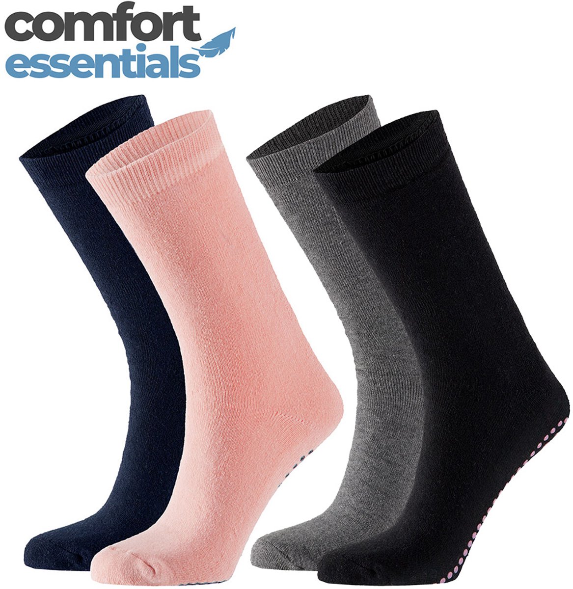 Comfort Essentials Antislip Sokken Dames - Assorti Kleuren - Maat 35-42 - 4 Paar - Gripsokken - Huissokken Antislip - Dikke Warme Badstof Zool - Ziekenhuis Sokken