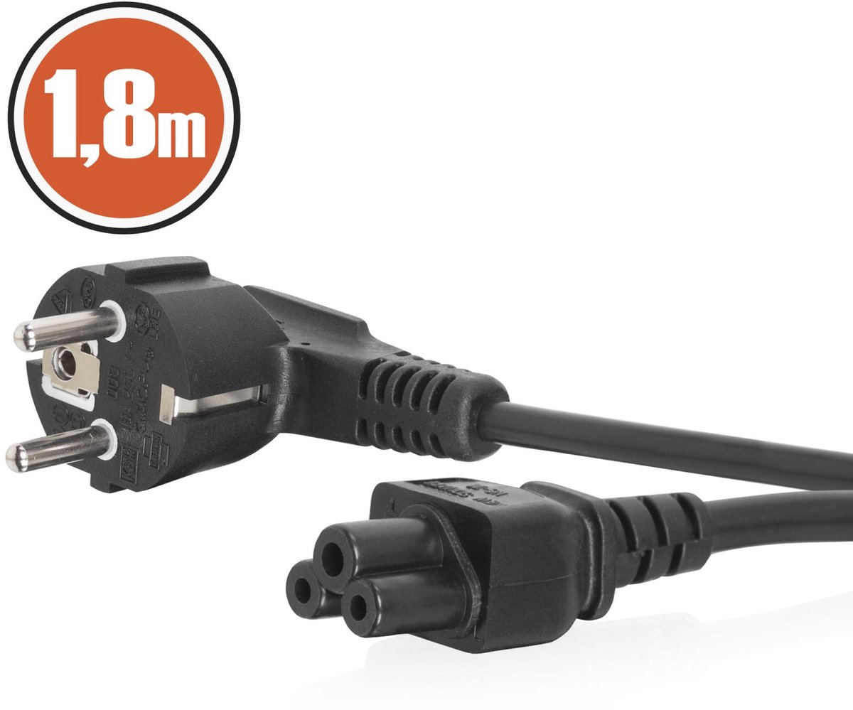 1,8 meter zwarte AC voedingskabel voor notebook - IEC C5 aansluiting met 90° CEE 7/7 stekker - laptop stroomkabel met dubbele isolatie, 16A/250V capaciteit [20161]