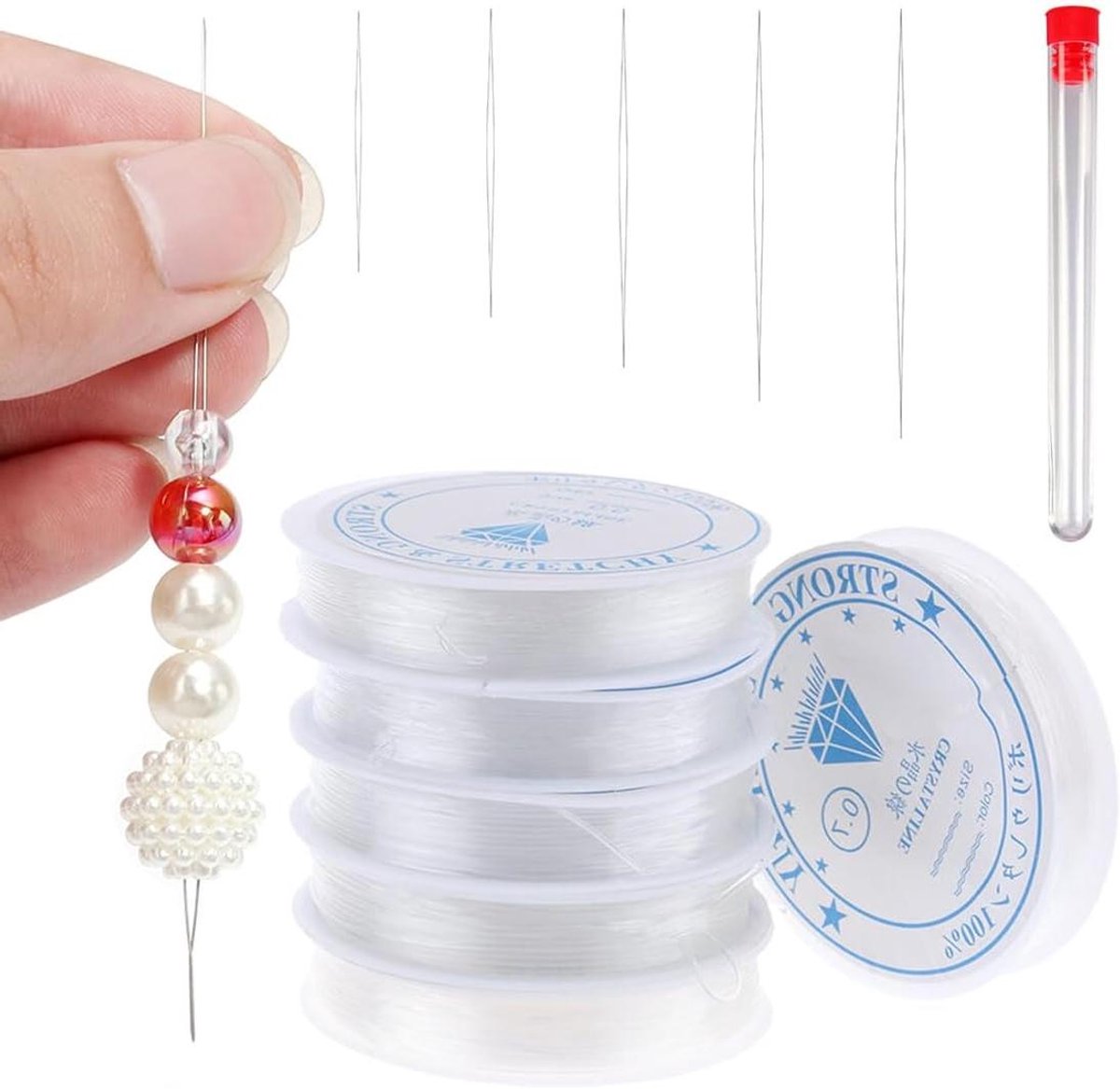 Set van 6 elastische armband draden - duurzaam en soepel - inclusief 6 parelnaalden