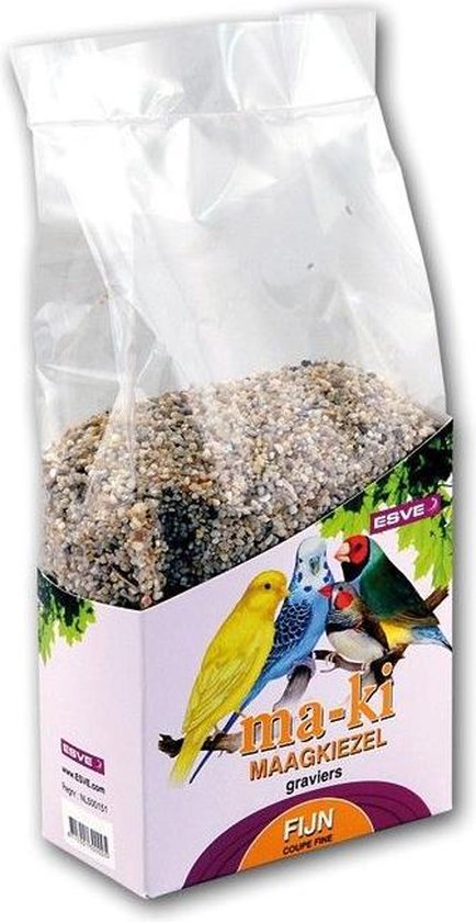 Zak maagkiezel met opdruk van drie vogels: een gele, een blauwe en een met rode kop. Tekst: 'Ma-ki maagkiezel graziers fijn'.