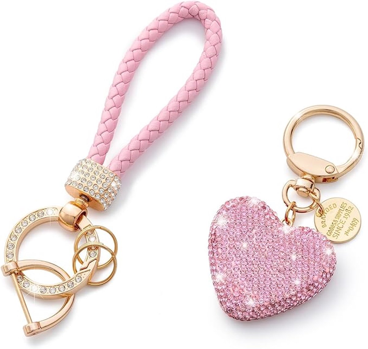 Luxe Sleutelhanger met Hart – Strass & Roségoud – Gevlochten Koord – Dames – Cadeau-idee