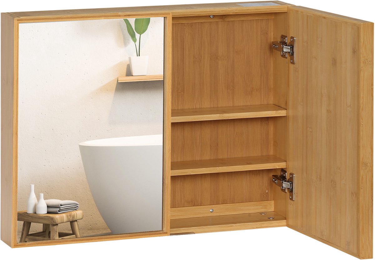 kleankin - Spiegelkast - Bamboe, Glas - 65,2L x 14B x 50H cm - Bruin
