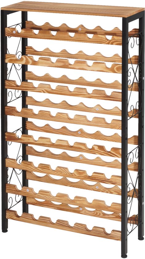 Houten wijnrek met metalen frame, 8 lagen, voor 48 flessen. Zijkanten met sierlijk zwart metaalwerk.