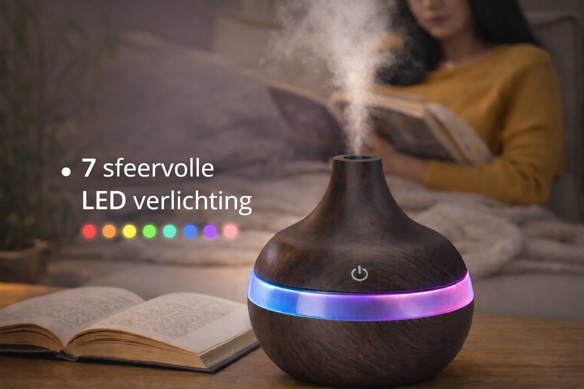 Aroma Cool Mist Diffuser 150ml - Ultrasone Vernevelaar - Etherische Olie Verstuiver - Aromadiffuser - Bevochtiger - Air/Lucht - Aroma Therapie - Verdamper - Geur Verspreider - Luchtbevochtiger - Sfeervolle LED Verlichting - Hout Look — cadeau in Wonen & Interieur - foto 3