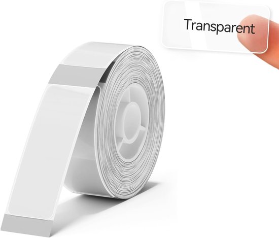 Rol met transparante labels, 14x25mm, met een label waarop 'Transparent' staat.