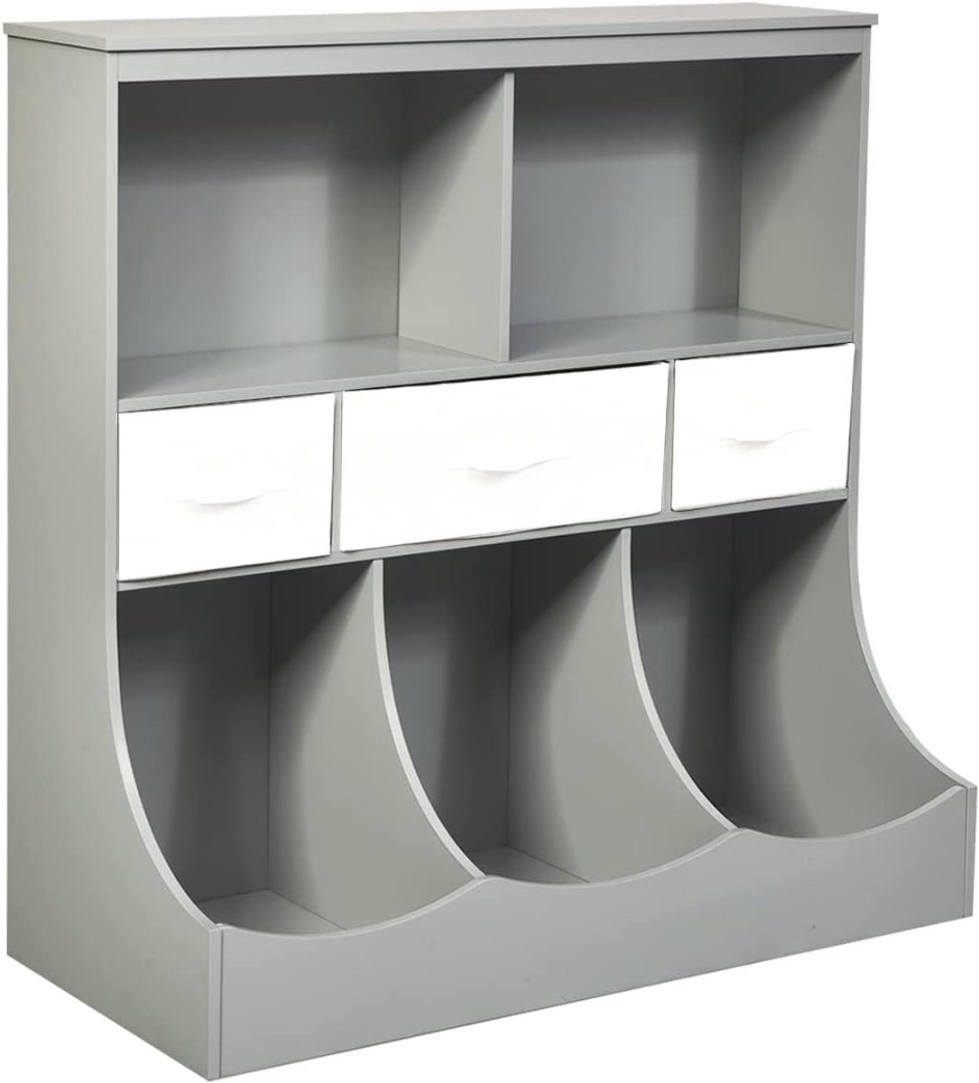 KOMFOTTEU Veelzijdig inzetbare opbergkast voor boeken en speelgoed, kluisjes in 2 verschillende maten, opbergkast voor kinderen, open boekenkast met 3 laden, 93 x 40 x 94 cm (grijs)