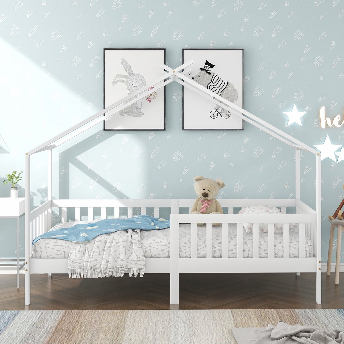 REDOM Kinderbed – 90x200 cm – Huisvorm met veiligheidshek – Massief grenenhout – Wit